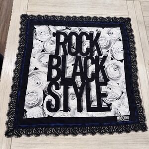 Moschino Y2K Graphic Scarf Black White Roses Lace Trim Rock Style Italy RARE!